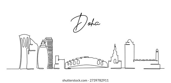 Modern continuous one line drawing capturing the iconic skyline and famous architecture of Doha Qatar against a clean white background
