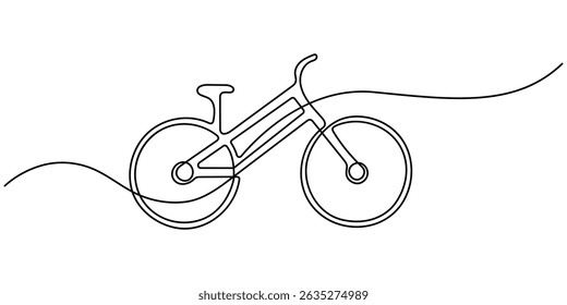 Moderne Konturzeichnung eines Fahrrads in einer durchgehenden einzelnen Linie, Fahrrad durchgehende Linie Symbol. eine trendige Illustration des sportlichen Aktivitätskonzepts in einer abstrakten Minimalzeichnung mit einer Linie.