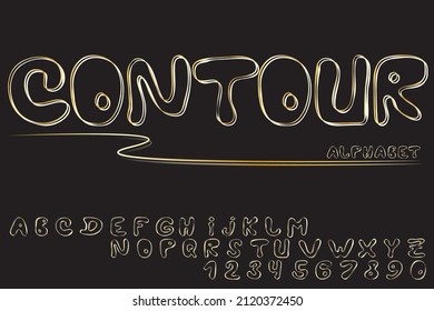 Modern contour font. Vector illustration of alphabet letters and numbers.