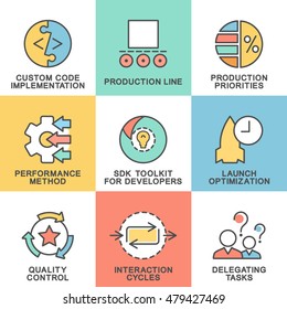 Modern contour icons business elements. The thin contour lines with color fills.