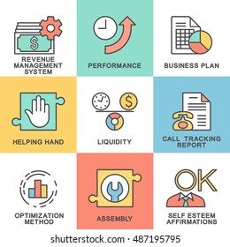 Modern contour icons business elements. The thin contour lines with color fills.