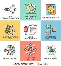 Modern contour icons of data insight, transformation, scalable , modeling API, pattern system. The thin contour lines with color fills on gray background.