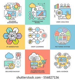 Modern contour icons database processing methods of data.  Data science, programming technology, deep learning algorithm. The thin contour lines with color fills.