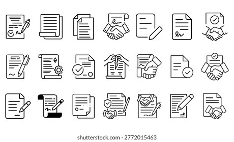 Modern Contract Agreement and Document Signing Line Icons Set – Business Partnership, Legal Paperwork, Handshake Deal, Signature, Approved Documents, Editable Outline Vector Icon Collection