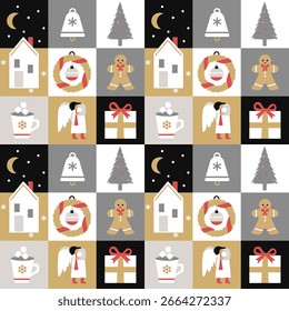 Modern contrast Christmas seamless pattern with festive icons — gifts, houses, trees, wreaths, gingerbread, bells, angels, cocoa, and moon. Stylish black, white, gold, and red holiday design.