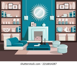 Modern contrasting interior of the living room in blue tones. Vector interior design of an apartment with comfortable sofas, poufs, coffee table, shelves, lamps, round mirror and fashionable decor