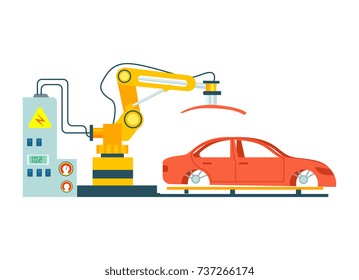 Modern Conveyor For Assembly Of Cars. Automobile Production Line, Car Manufacturing Process, Factory With Smart Robotic Automotive Assembly Line Vector Illustration.