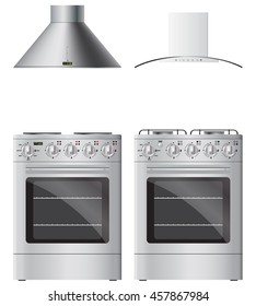 Modern cooker hoods, gas and electric stoves. Realistic vector image. Isolated on white background.