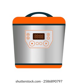 A modern cooking appliance features a stainless steel body with an orange trim. It has a digital timer display and buttons for easy meal preparation and control in any kitchen.