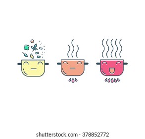Modern cooking line icons set. Cute pans icons in color