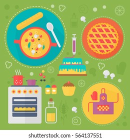 Modern cooking love flat concept. Kitchen tools and cooking food infographics design, web elements, poster banners