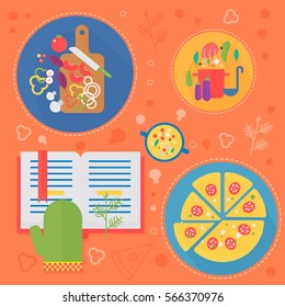 Modern cooking love flat concept. Kitchen tools and cooking food infographics design, web elements, poster banners