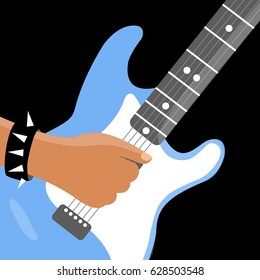 modern cool cartoon Rock musicians hand man isolated vector playing on light blue Electric Guitar at a live concert in the dark. plays rock and roll flat design style on black background