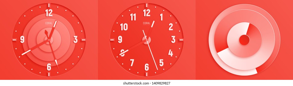 Modern coral abstract paper cut vector illustration. Three dials of clock .