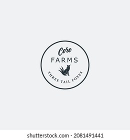 modern core farm logo vector design template with circle and vintage styles. three tail foxes retro logo vector illustration isolated on white background. 