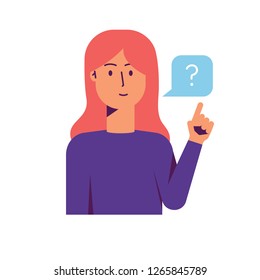 Modern Core values icon with girl-customer who has a question isolated on white background.