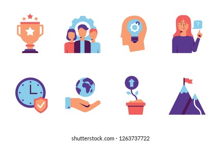 Modern Core values icon set with team, quality, innovations, customers, reliability, responsibility and growth concepts in purple and blue tones. Colorful icons for web isolated on white background.