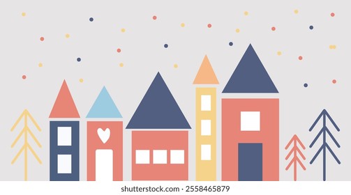 Modern corlful Abstract Houses. Christmas ginger village. Sweet biscuit holiday decoration. Vector illustration  