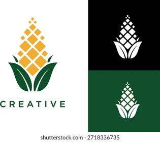 Logotipo moderno de mazorca de maíz: marca agrícola geométrica con granos amarillos y hojas verdes sobre fondos blancos, negros y verdes