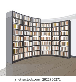 Modern corner library with shelves full of diverse books