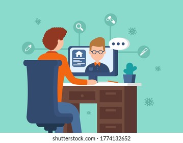 Modern coronavirus vector concept. A man sits at a computer and communicates with his friend so as not to go outside due to a virus. Covid-19. Digital illustration for sites and mobile applications.