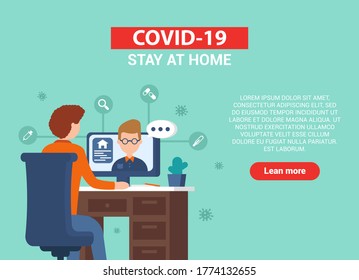 Modern coronavirus vector concept. A man sits at a computer and communicates with his friend so as not to go outside due to a virus. Covid-19. Digital illustration for sites and mobile applications.