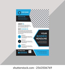 Modern corporate A4 size flyer design with blue, black and white color or creative brochure template design for marketing, business proposal, promotion, advertise, publication, cover page.	