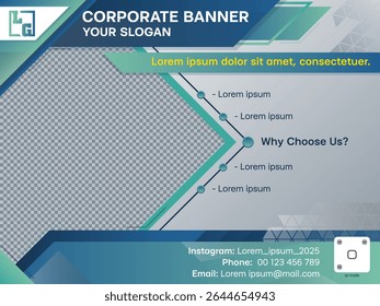 Modern Corporate Banner with Placeholder Text. Professional geometric business banner with placeholders for slogan, benefits, and contact info.