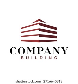 Modern Corporate Building Logo Design.
A professional and modern logo featuring a stylized depiction of a building with horizontal lines representing floors or architectural elements. The logo is rendered in a dark red or maroon color and white against a clean white background. Below the building graphic, the words "COMPANY" are displayed in a sleek, sans-serif font, with "COMPANY" in bold black and "BUILDING" in a smaller, lighter brown font. This design evokes a sense of corporate identity, real estate, architecture, and business.