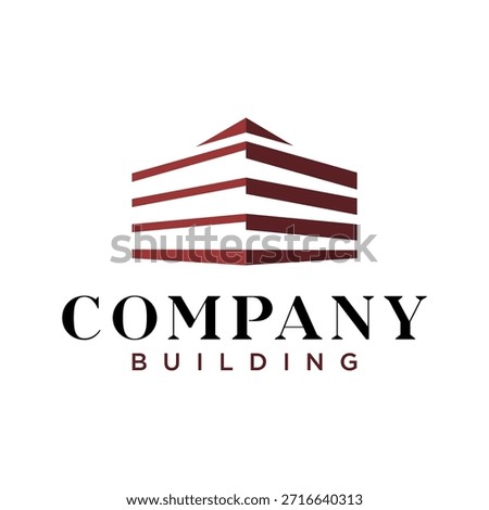 Modern Corporate Building Logo Design.
A professional and modern logo featuring a stylized depiction of a building with horizontal lines representing floors or architectural elements. The logo is rendered in a dark red or maroon color and white against a clean white background. Below the building graphic, the words 