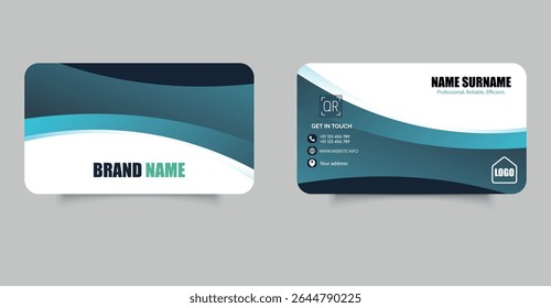 Modern Corporate Business Card Template Design, featuring contact details, company branding, and rounded corner layout.