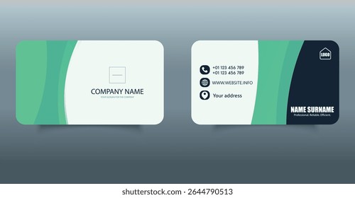 Modern Corporate Business Card Template Design, featuring contact details, company branding, and rounded corner layout.