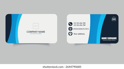 Modern Corporate Business Card Template Design, featuring contact details, company branding, and rounded corner layout.