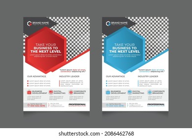 Modern Corporate Business Flyer Design With Geometric Hexagon Shape. Red and Blue Gradient Combination Color Creative Layout Pamphlet Vector Template.