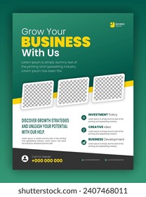 Modern corporate business flyer, digital marketing agency poster design template, A4 seminar flyer layout, proposal, annual report in green and yellow colors on white background