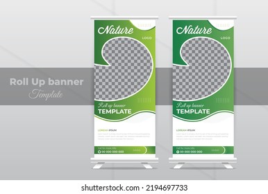 Modern Corporate Business Nature Lawn garden roll up banner template, abstract X-banner, Presentation, print-ready service green environment design,