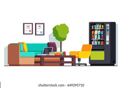 Modern corporate business office waiting room interior design or clinic with coffee table, couch, and vending machine. Flat style vector illustration isolated on white background.