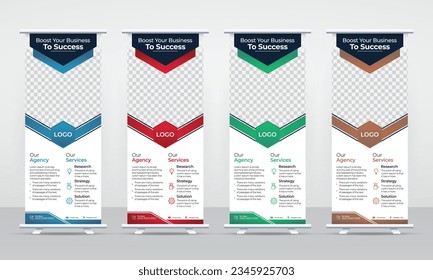 Modern corporate business roll up, pull up, standee, signage, retractable x banner design template for marketing promotion or advertising purposes, display banner cover set, creative vector layout