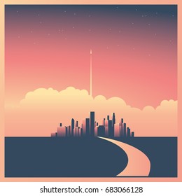 Modern corporate cityscape or skyline background with skyscrapers in sunset vector concept. Rocket or spaceship starting in background as symbol of future, mission, vision or startup. Eps10 vector.