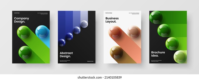 Modern corporate cover A4 vector design layout set. Simple 3D spheres handbill template bundle.