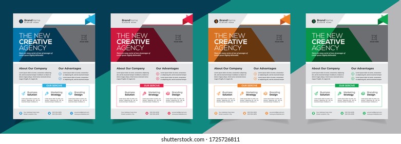 Modern Corporate Creative Agency Flyer Template Design With Four Different Color Variation, Blue, Red, Orange And Green, Print Ready Marketing Leaflet Layout 