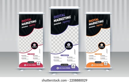 Modern Corporate Digital Marketing Business Standee X Rollup Pullup Signage Retractable Banner Design Three Variant Red Violet Orange Color Vector Template