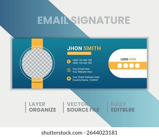 Modern corporate email signature template design in blue and yellow colors, fully editable vector layout with placeholder photo and contact information icons included .