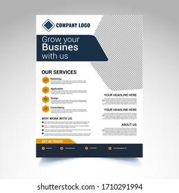 It's a modern corporate flyer. Navy blue and orange color is used here. One image can easily be installed in it. 