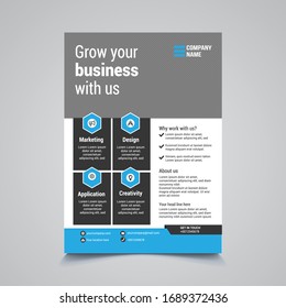 A modern corporate flyer which is suitable for small business or large company. It's a blue and black color flyer on a4 size page. Advertising, promotion, marketing can be easily done by this flyer. 