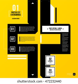 Modern corporate graphic design template with black elements on yellow background. Useful for advertising, marketing and web design.