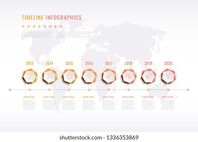 modern corporate history visualisation with hexagonal elements, year indication and world map on background. realistic 3d business data infographic. vector company presentation slide template. eps 10