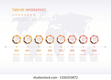 modern corporate history visualisation with hexagonal elements, year indication and world map on background. realistic 3d business data infographic. vector company presentation slide template. eps 10