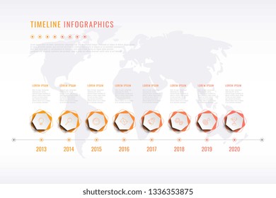 modern corporate history visualisation with hexagonal elements, year indication and world map on background. realistic 3d business data infographic. vector company presentation slide template. eps 10