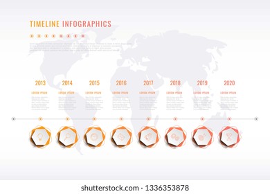 modern corporate history visualisation with hexagonal elements, year indication and world map on background. realistic 3d business data infographic. vector company presentation slide template. eps 10